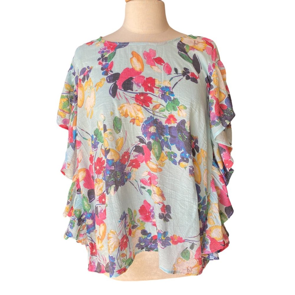 NWT Zac & Rachel Floral Ruffle Flutter Sleeve Blouse Blue Boho Peasant Plus 2X